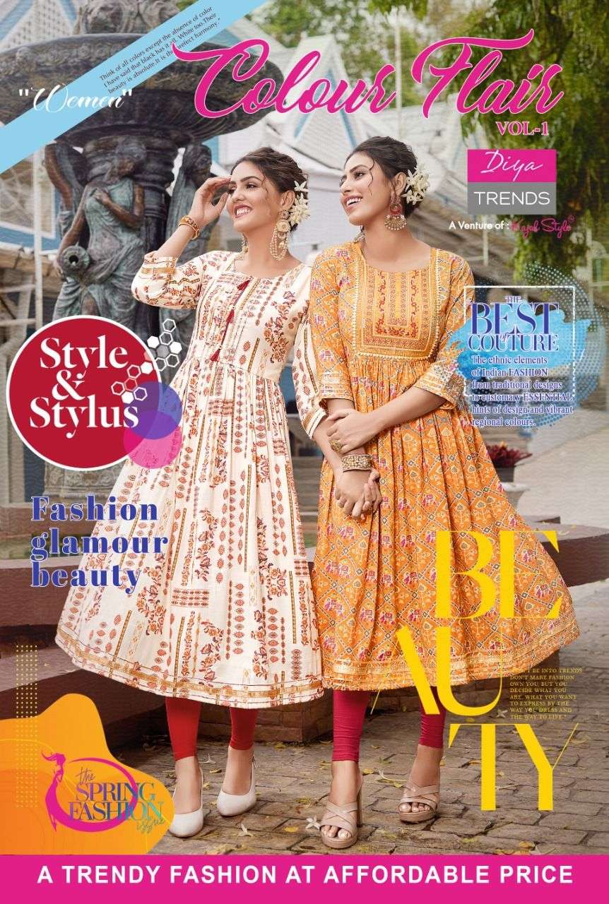 COLOUR FLAIR VOL-1 BY DIYA TRENDZ 1001 TO 1009 SERIES RAYON EMBROIDERY KURTIS