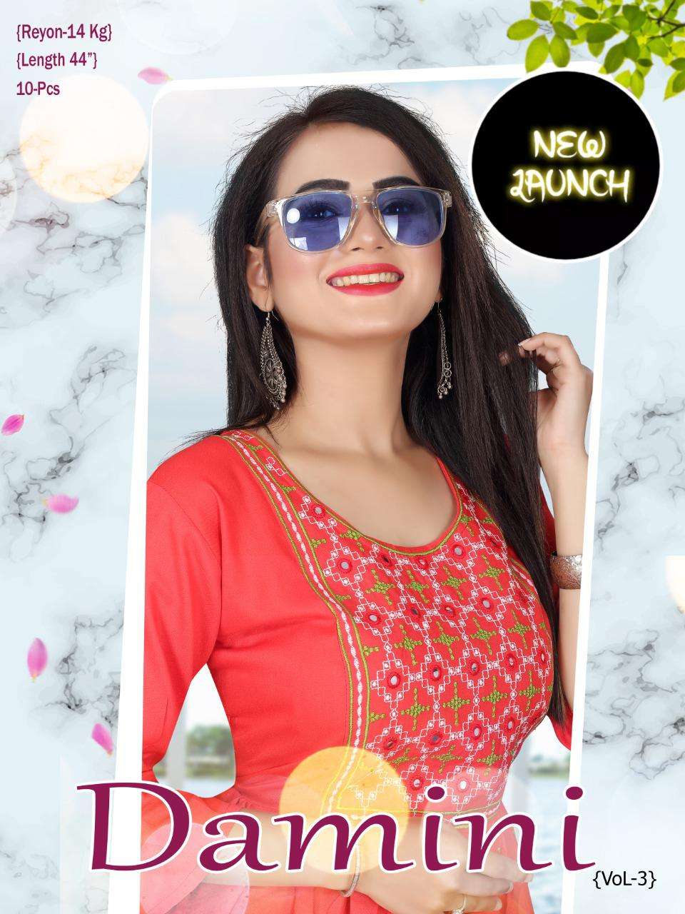 DAMINI VOL-3 BY ASLIWHOLESALE 01 TO 10 SERIES RAYON EMBROIDERY KURTIS