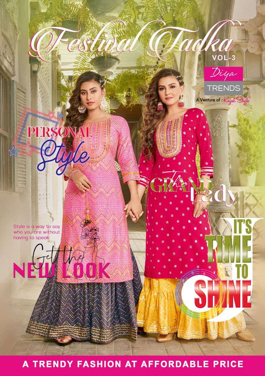 FESTIVAL TADKA VOL-3 BY DIYA TRENDZ 3001 TO 3008 SERIES RAYON PRINT EMBROIDERY DRESSES