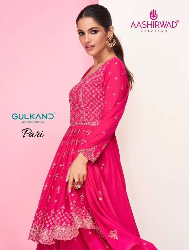 GULKAND PARI BY AASHIRWAD CREATION 9300 TO 9304 SERIES GEORGETTE SHARARA DRESSES