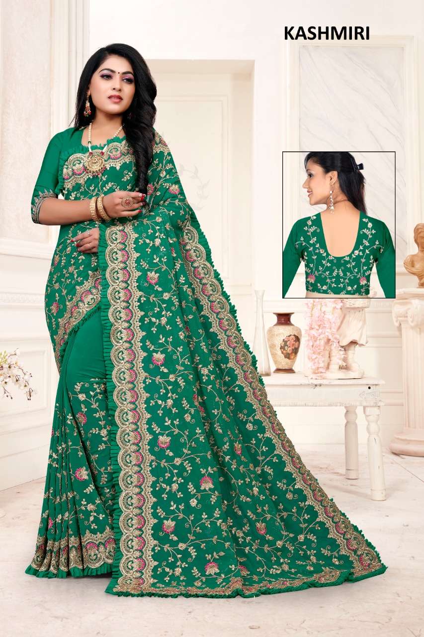 KASHMIRI BY ASLIWHOLESALE DESIGNER GEORGETTE HEAVY EMBROIDERY SAREES