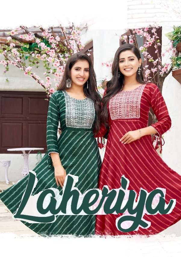 LAHERIYA BY KINTI 1001 TO 1008 SERIES RAYON SEQUENCE WORK KURTIS