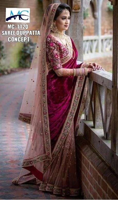 MC-1120 SAREE DUPATTA BY ASLIWHOLESALE DESIGNER VELVET HEAVY WORK BRIDAL SAREE