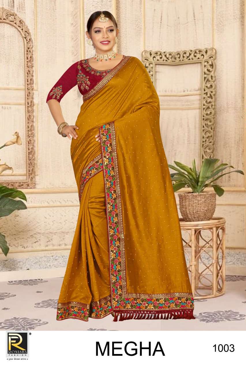 MEGHA BY RONISHA FASHION 1001 TO 1006 SERIES VICHITRA SILK EMBROIDERY SAREES