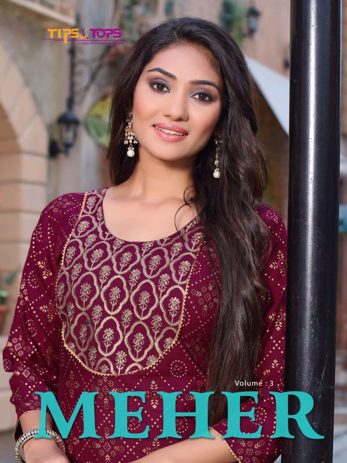 MEHER VOL-3 BY TIPS & TOPS 301 TO 306 SERIES RAYON FOIL PRINT KURTI & PALAZZO