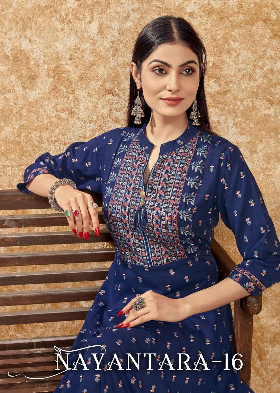 NAYANTARA VOL-16 BY BANWERY 1001 TO 1005 SERIES RAYON PRINT KURTIS