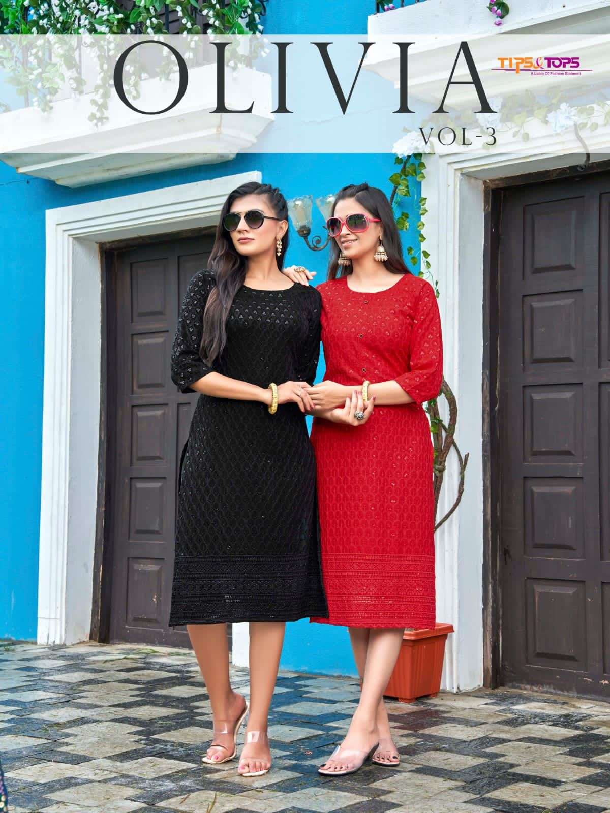 OLIVIA VOL-3 BY TIPS & TOPS 1001 TO 1006 SERIES RAYON CHIKAN WORK KURTIS