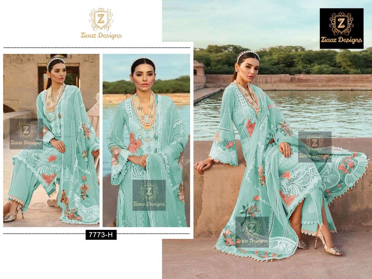 PASTEL BLUE BY ZIAAZ DESIGNS CAMBRIC COTTON EMBROIDERY PAKISTANI DRESS