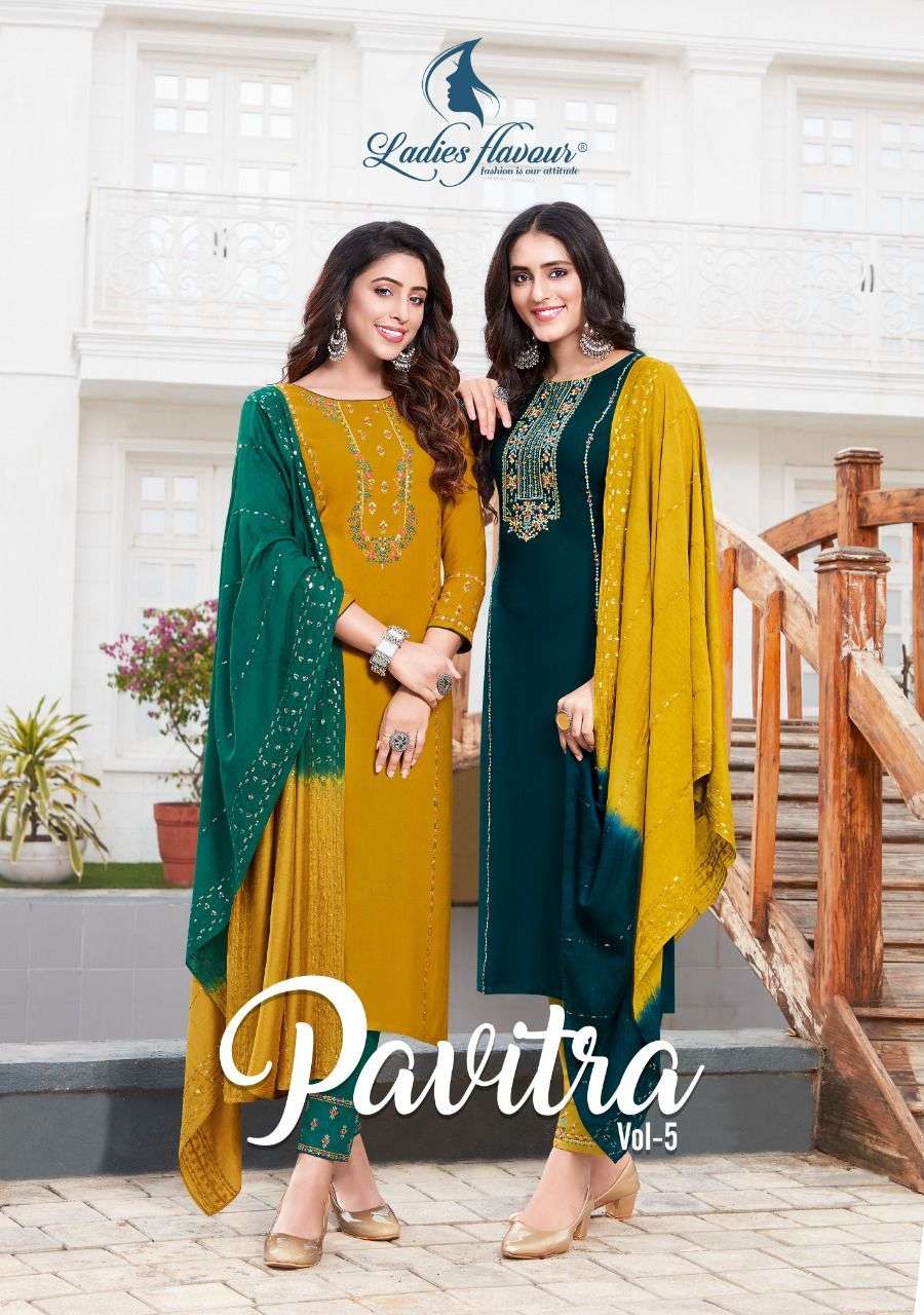 PAVITRA VOL-5 BY LADIES FLAVOUR 5001 TO 5006 SERIES HEAVY RAYON EMBROIDERY DRESSES