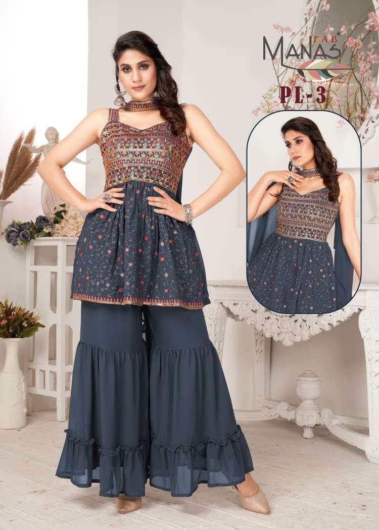 PL-3 BY MANAS FAB DESIGNER GEORGETTE EMBROIDERY SHARARA STITCHED DRESSES