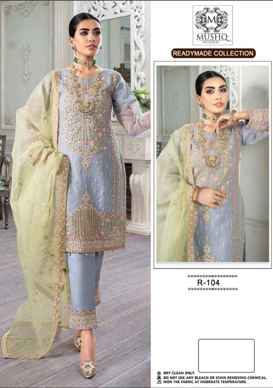 R-104 HIT DESIGN BY MUSHQ HEAVY ORGANZA EMBROIDERY STITCHED DRESS