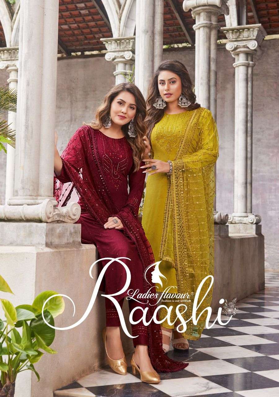 RAASHI BY LADIES FLAVOUR 1001 TO 1006 SERIES VISCOSE EMBROIDERY STITCHED DRESSES
