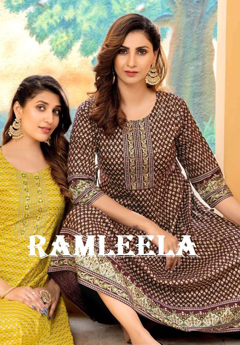 RAMLEELA BY ASLIWHOLESALE 101 TO 106 SERIES RAYON PRINT KURTIS