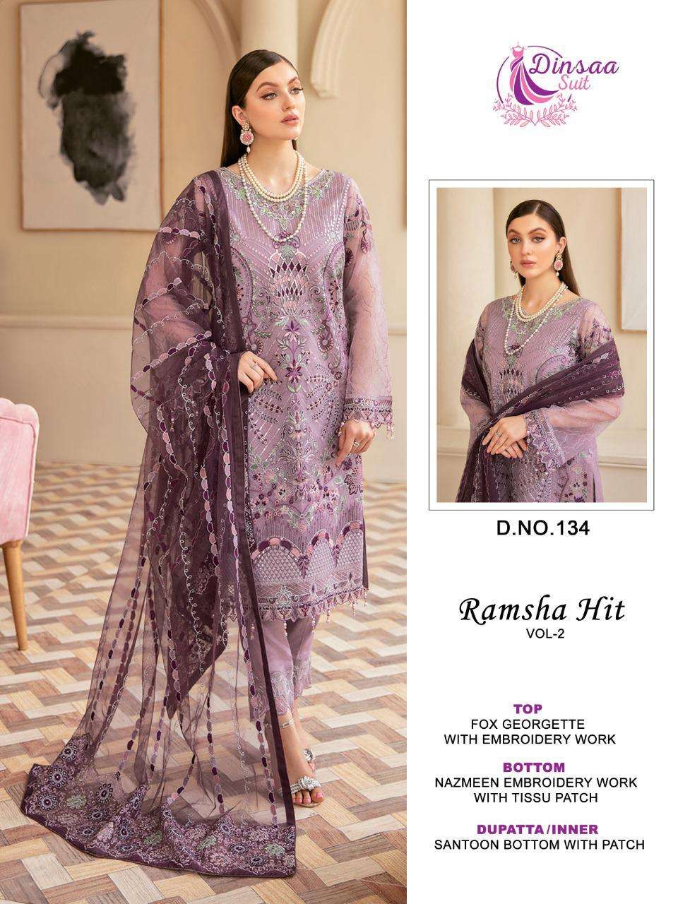 RAMSHA VOL-2 BY DINSAA SUIT 133 TO 136 SERIES FAUX GEORGETTE EMBROIDERY DRESSES