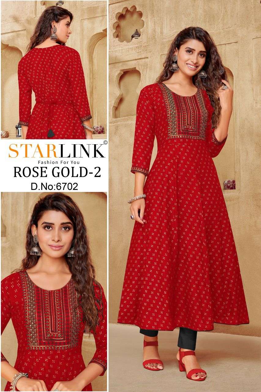 ROSE GOLD VOL-2 BY STARLINK 6701 TO 6710 SERIES RAYON EMBROIDERY KURTIS