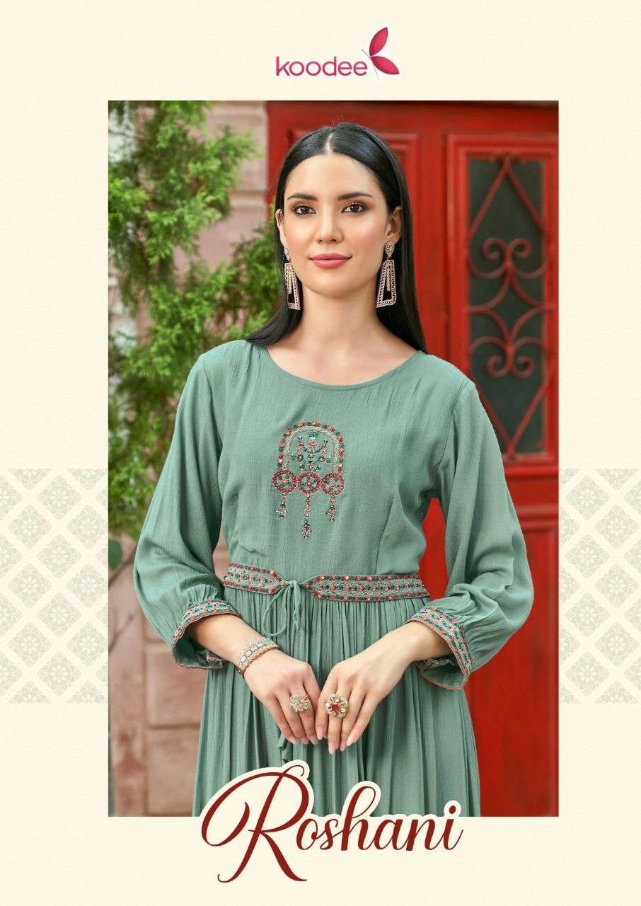 ROSHANI BY KOODEE 1001 TO 1004 SERIES RAYON EMBROIDERY WORK KURTIS