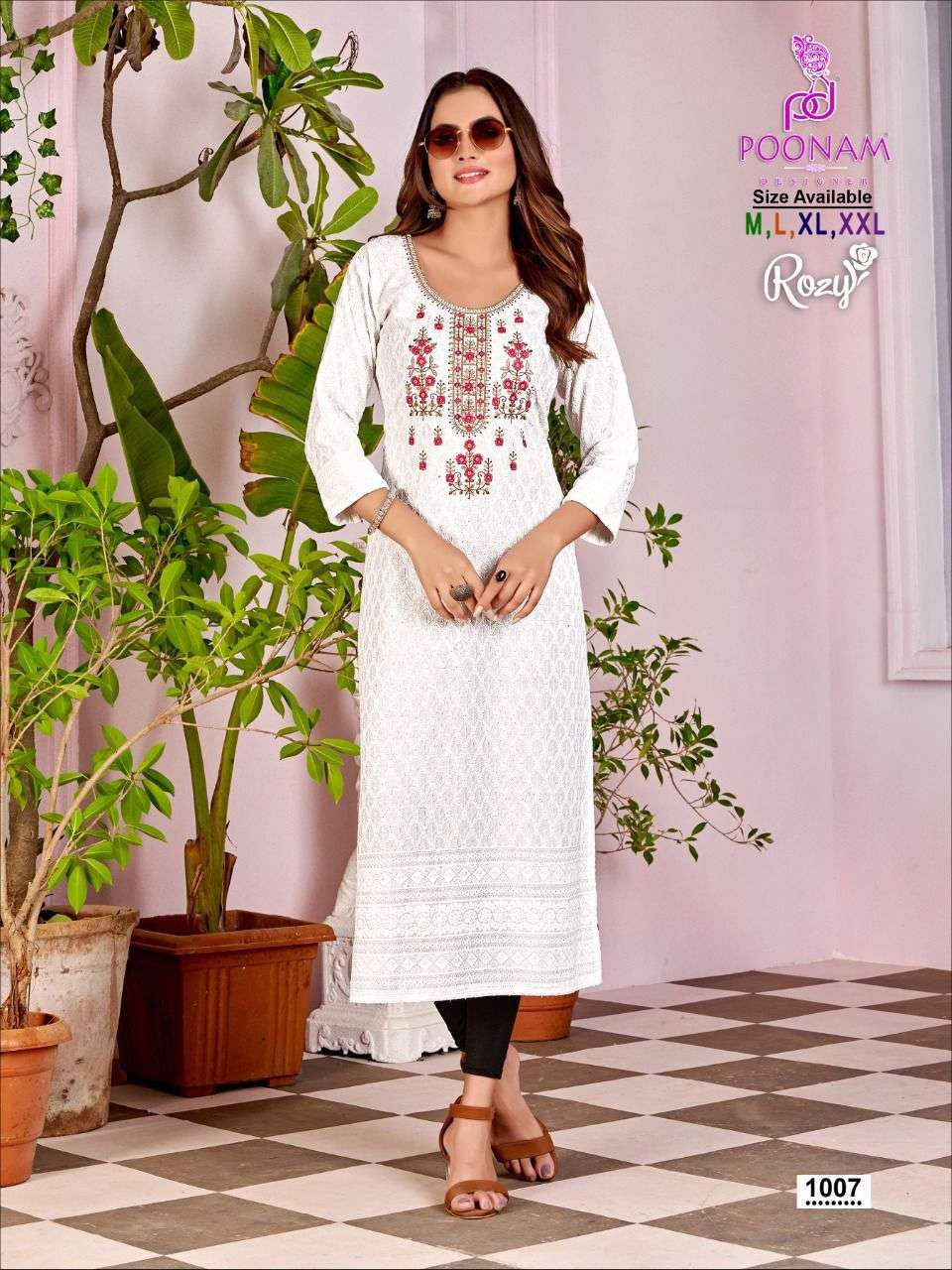 ROZY BY POONAM DESIGNER 1001 TO 1008 SERIES RAYON EMBROIDERY CHIKANWORK KURTIS