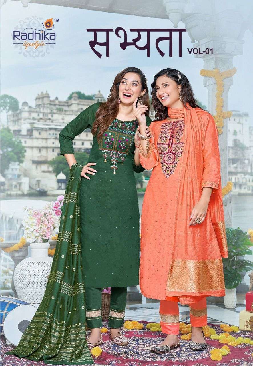 SABHYATA VOL-1 BY RADHIKA LIFESTYLE 1001 TO 1008 SERIES PURE CHANDERI STITCHED DRESSES