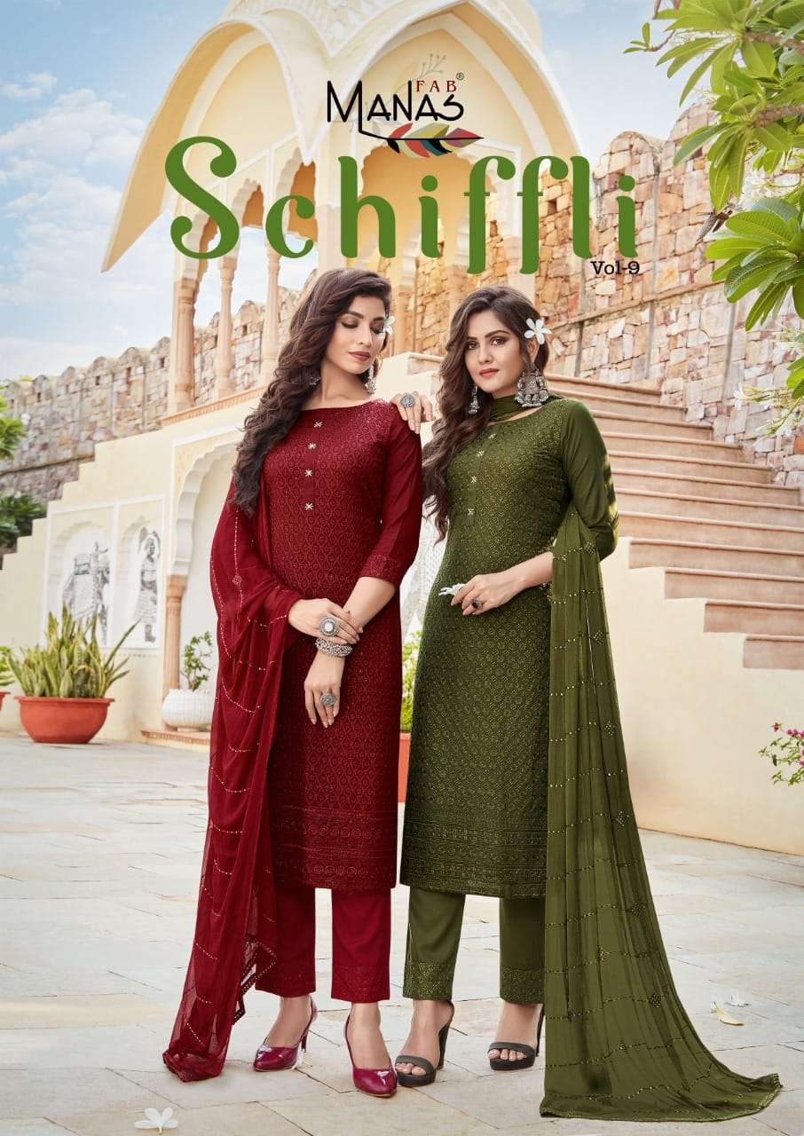 SCHIFFLI VOL-9 BY MANAS FAB 7049 TO 7052 SERIES RAYON SCHIFFLI STITCHED DRESSES