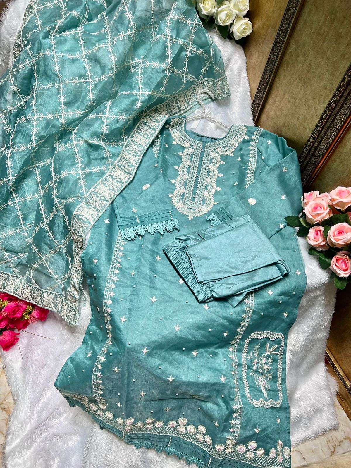 SHEHNAZ GREEN PESTAL BY ASLIWHOLESALE ORGANZA EMBROIDERY STITCHED DRESS