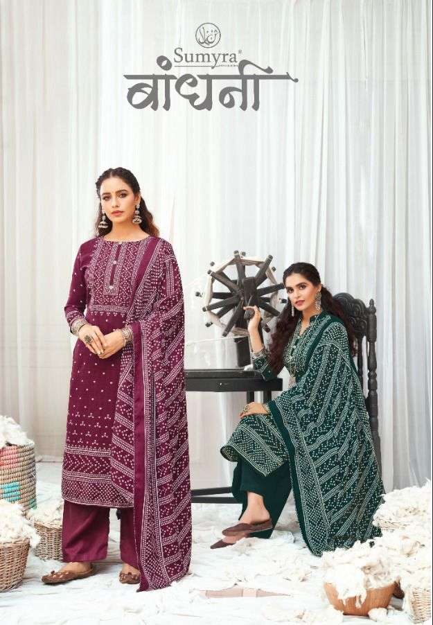 SUMYRA BAANDHANI BY RADHIKA FASHION 7001 TO 7008 SERIES PASHMINA PRINT DRESSES