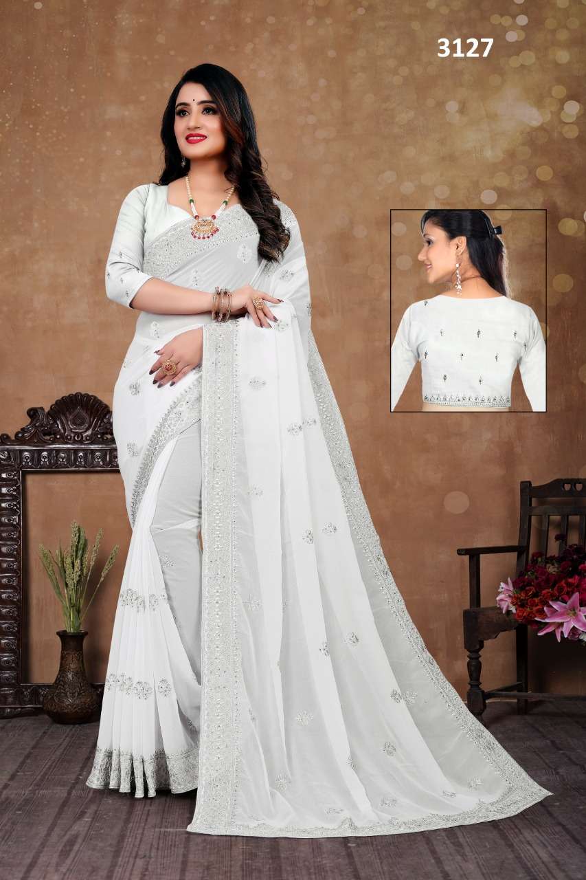 WHITE COLLECTION BY ASLIWHOLESALE DESIGNER GEORGETTE STONE EMBROIDERY WORK