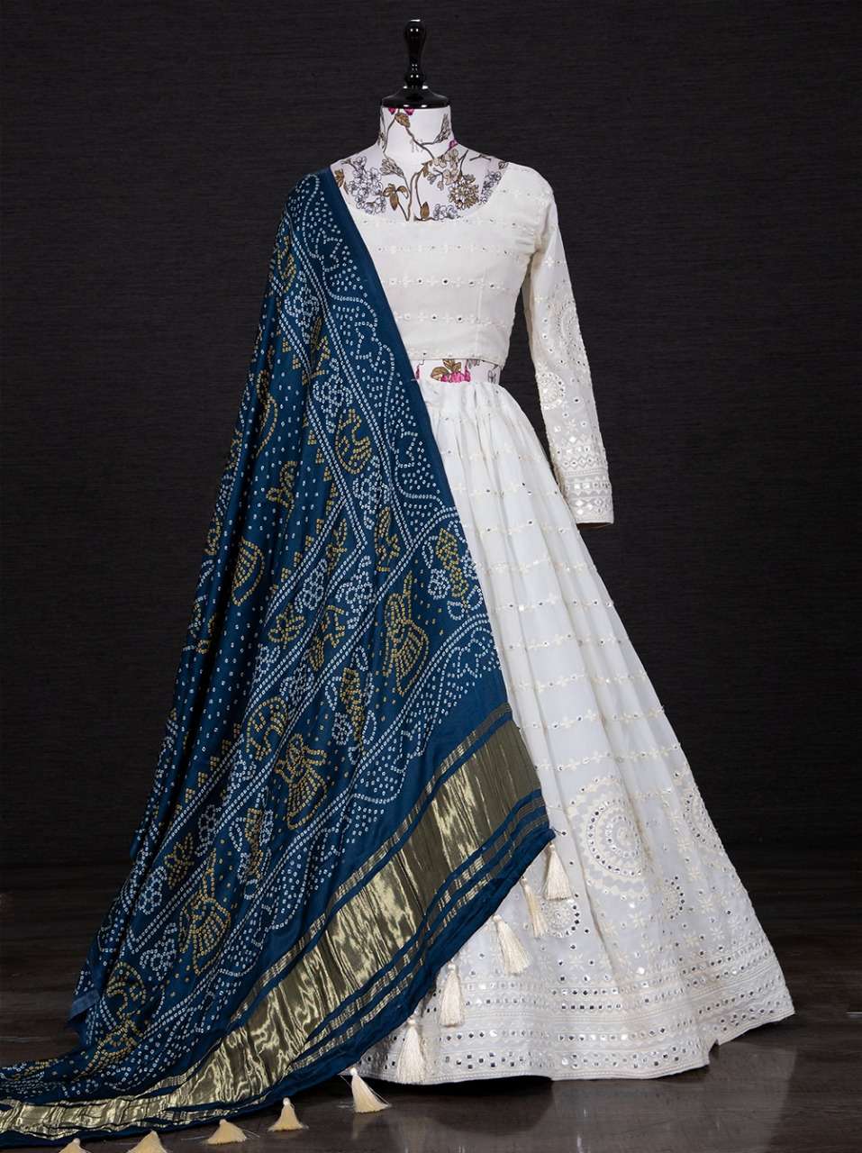 1341WHT BY ASLIWHOLESALE GEORGETTE MIRROR WORK LEHENGAS