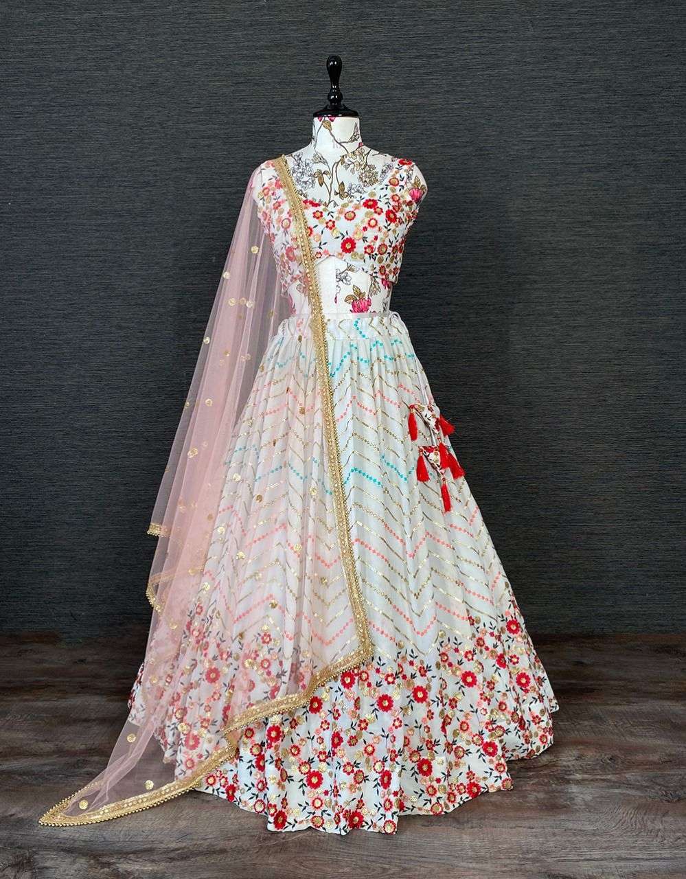 1401-WHT BY ASLIWHOLESALE GEORGETTE EMBROIDERY THREAD WORK LEHENGA