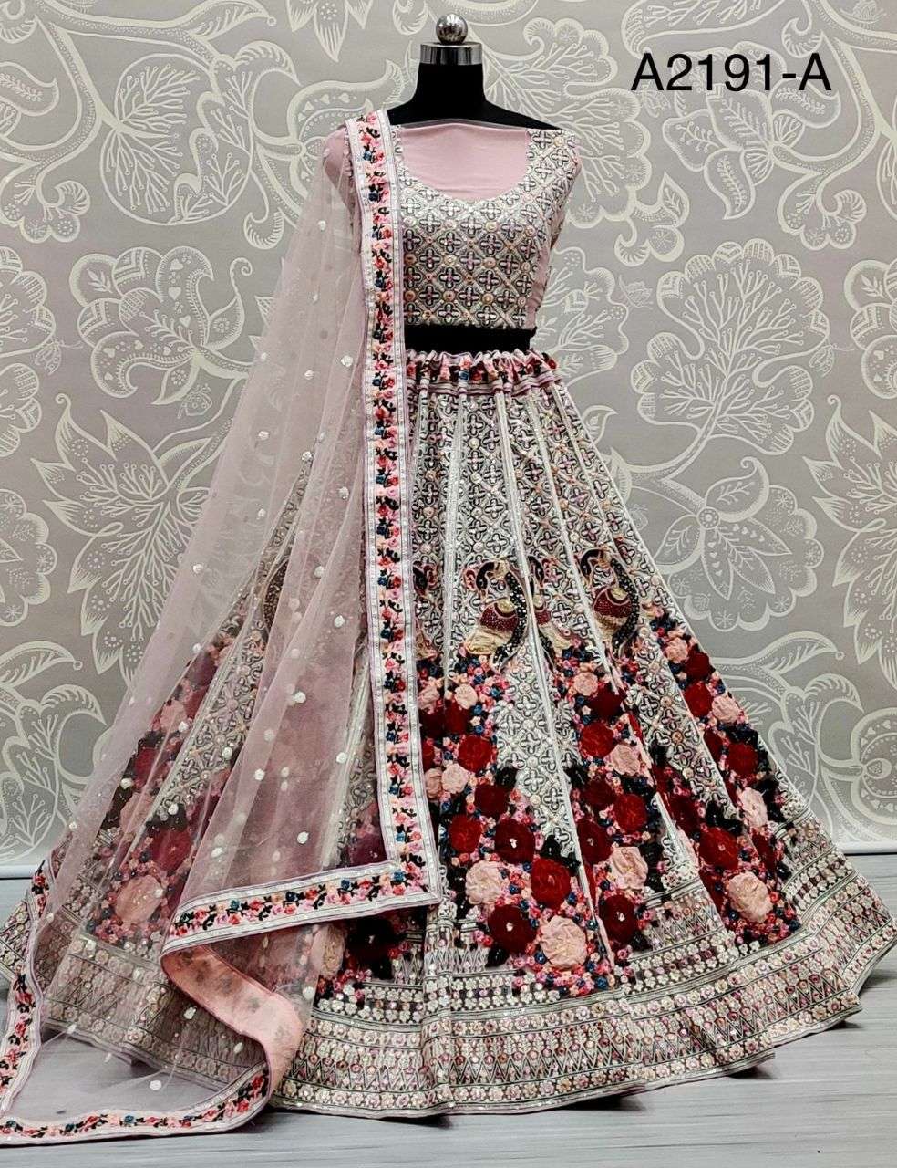 A2191 COLOURS BY ASLIWHOLESALE HEAVY NET MULTI THREAD WORK BRIDAL LEHENGAS