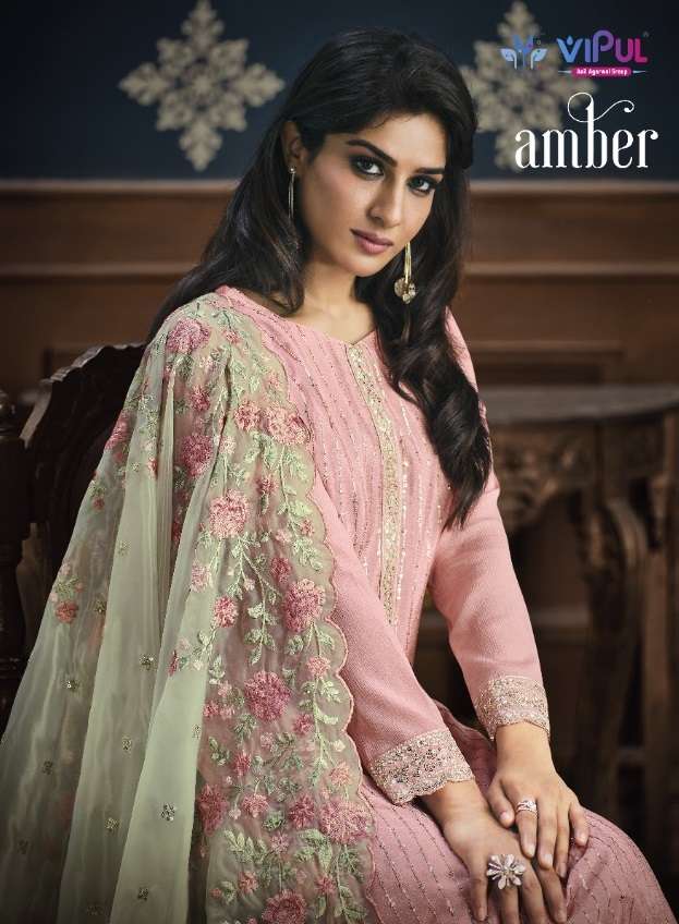 AMBER BY VIPUL 5041 TO 5046 SERIES CHINON EMBROIDERY WORK DRESSES