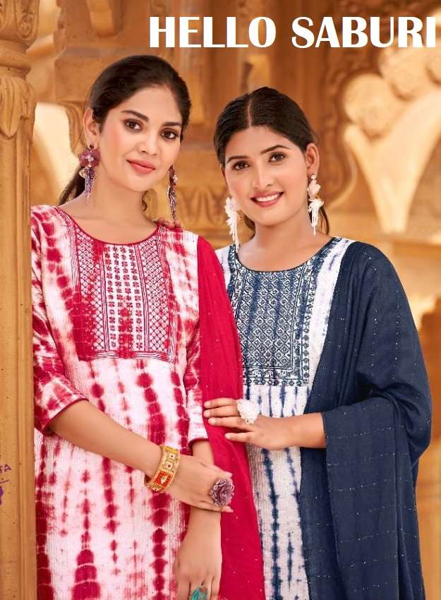 HELLO SABURI BY POONAM DESIGNER 1001 TO 1005 SERIES PURE CHANDERI WORK STITCHED DRESSES