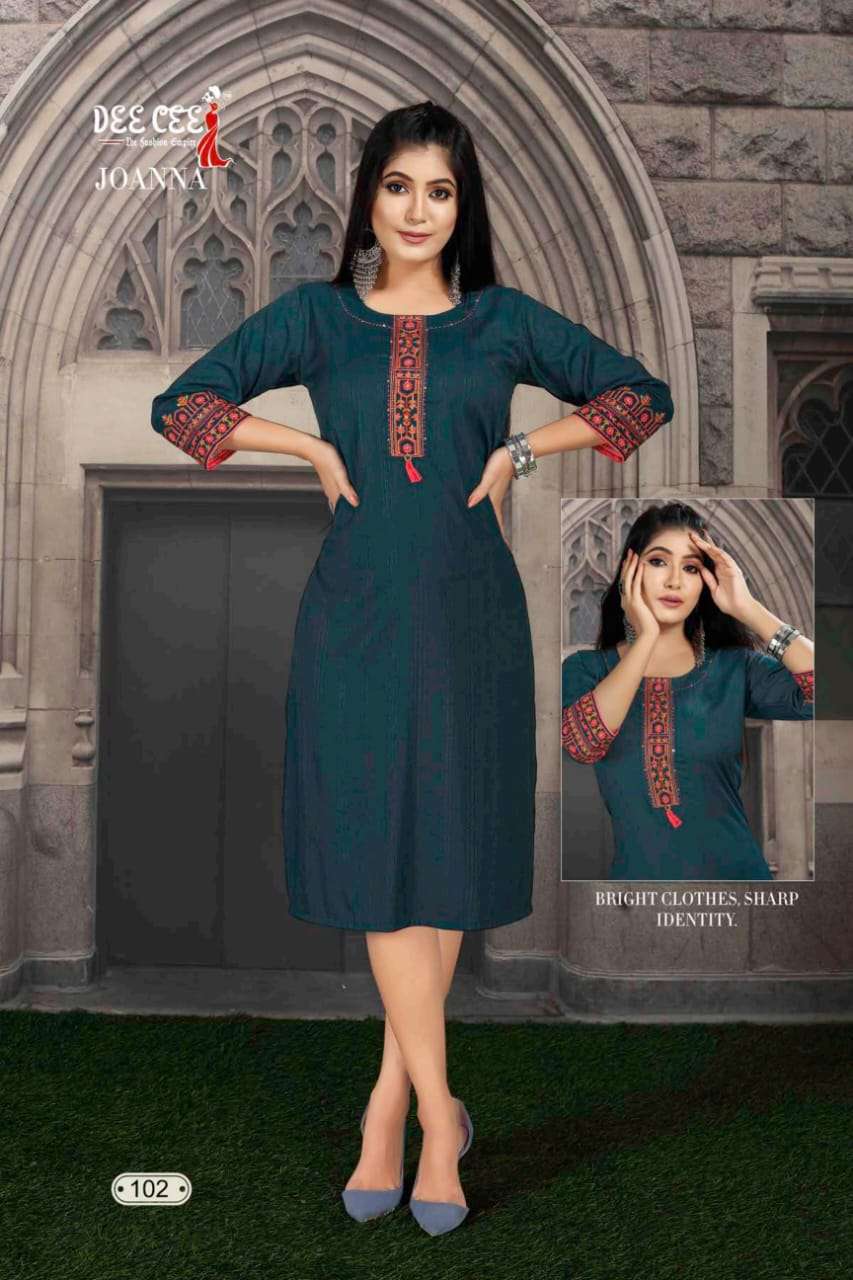 JOANNA BY DEE CEE 101 TO 106 SERIES RAYON EMBROIDERY KURTIS