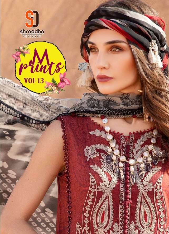 M PRINT VOL-13 BY SHRADDHA DESIGNER 13001 TO 13004 SERIES COTTON EMBROIDERY DRESSES