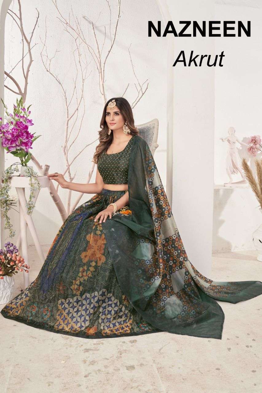 NAZNEEM AKRUT BY ASLIWHOLESALE 6001 TO 6011 SERIES ORGANZA STITCHED LEHENGAS