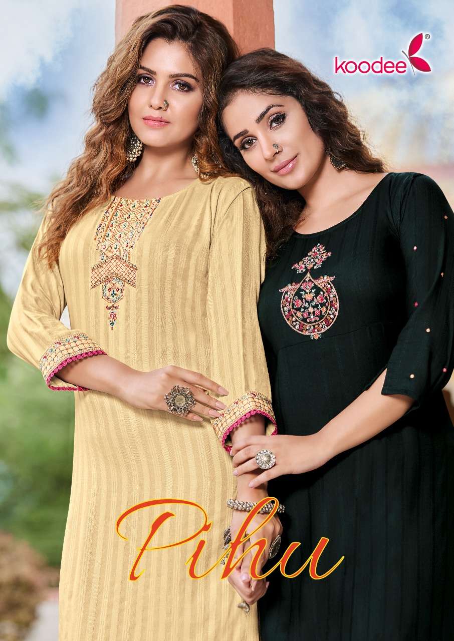 PIHU BY KOODEE 1001 TO 1006 SERIES VISCOSE EMBROIDERY KHATLI WORK KURTIS