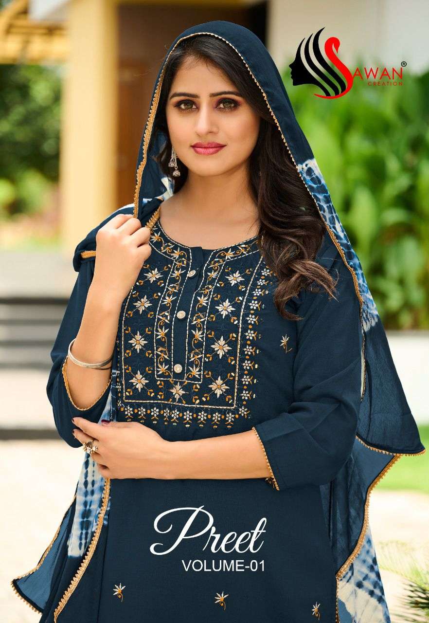 PREET VOL-1 BY SAWAN CREATION 1001 TO 1008 SERIES MUSLIN EMBROIDERY SHARARA DRESSES