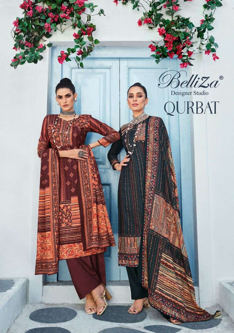 QURBAT BY BELLIZA 750-001 TO 750-008 SERIES PASHMINA WOOL PRINT DRESSES