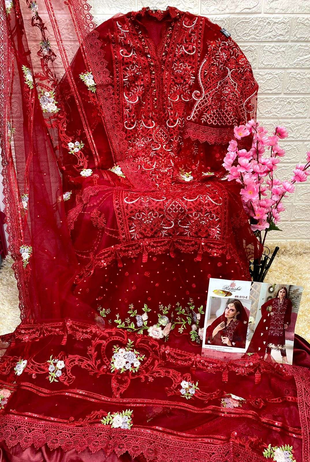 R-513 NX BY RAMSHA 513-A TO 513-D SERIES NET EMBROIDERY PAKISTANI DRESSES