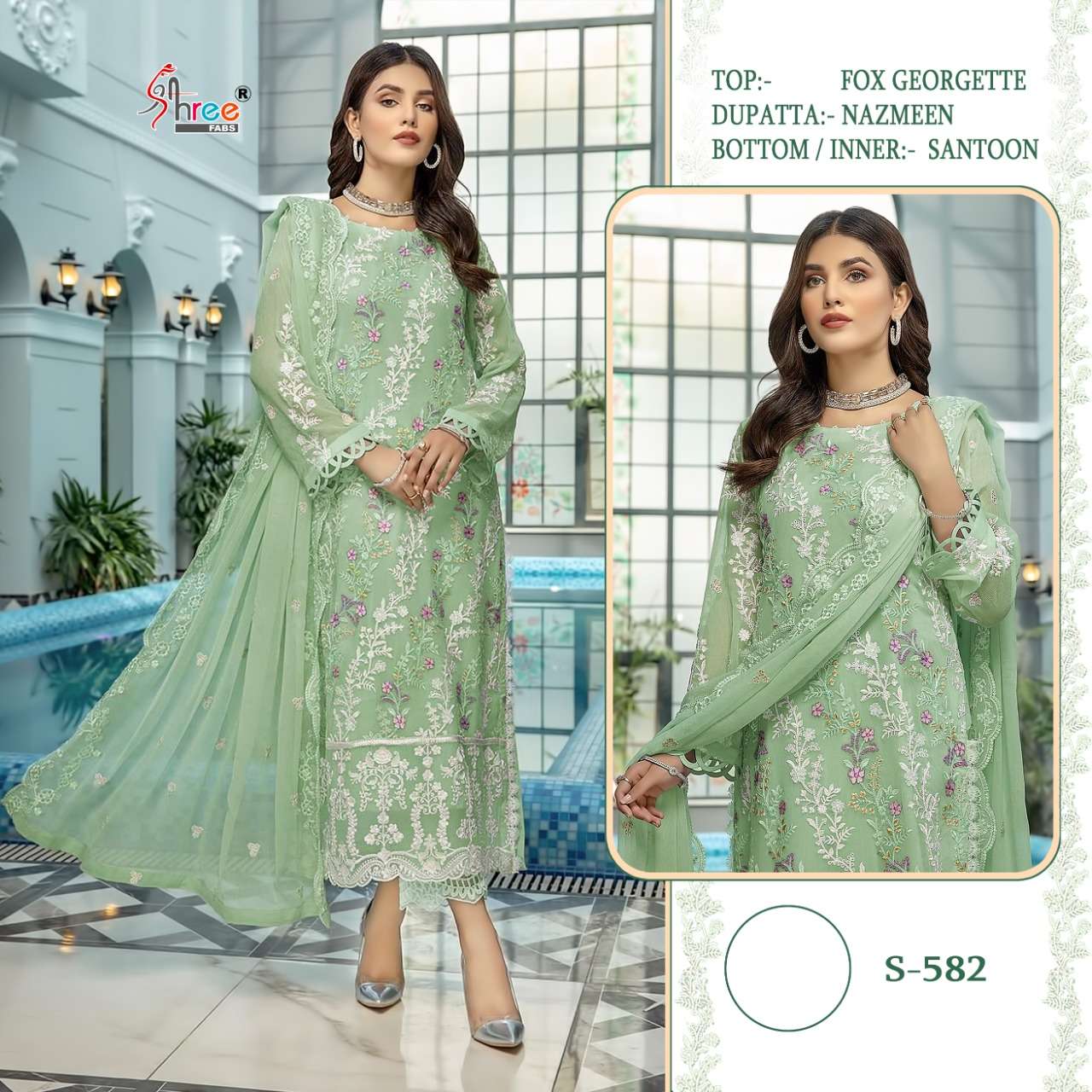 S-582 COLOURS BY SHREE FABS S-582 TO S-582-D SERIES FAUX GEORGETTE EMBROIDERY DRESSES