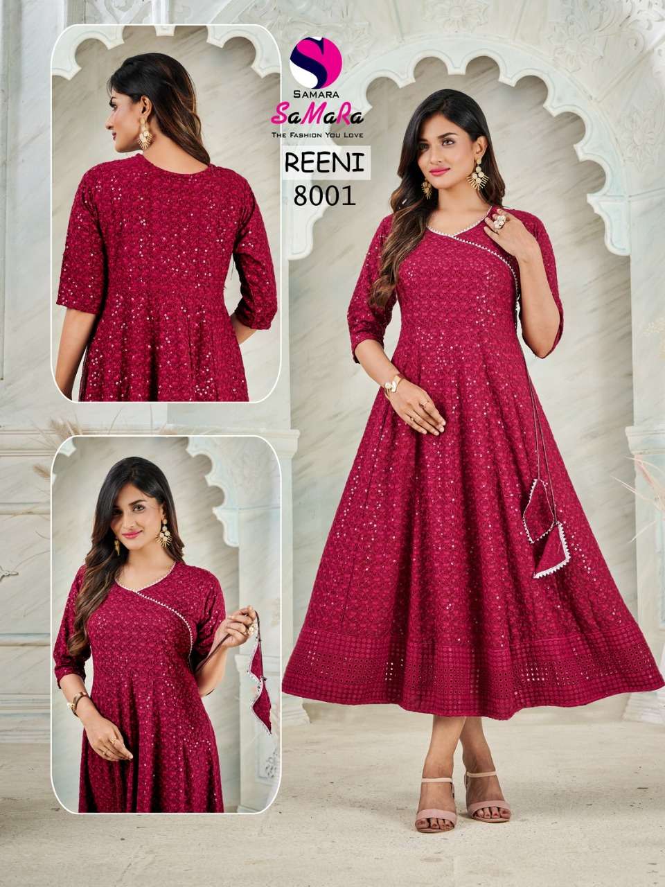 SAMARA REENI BY ASLIWHOLESALE 8001 TO 8012 SERIES RAYON SCHIFFLI WORK KURTIS