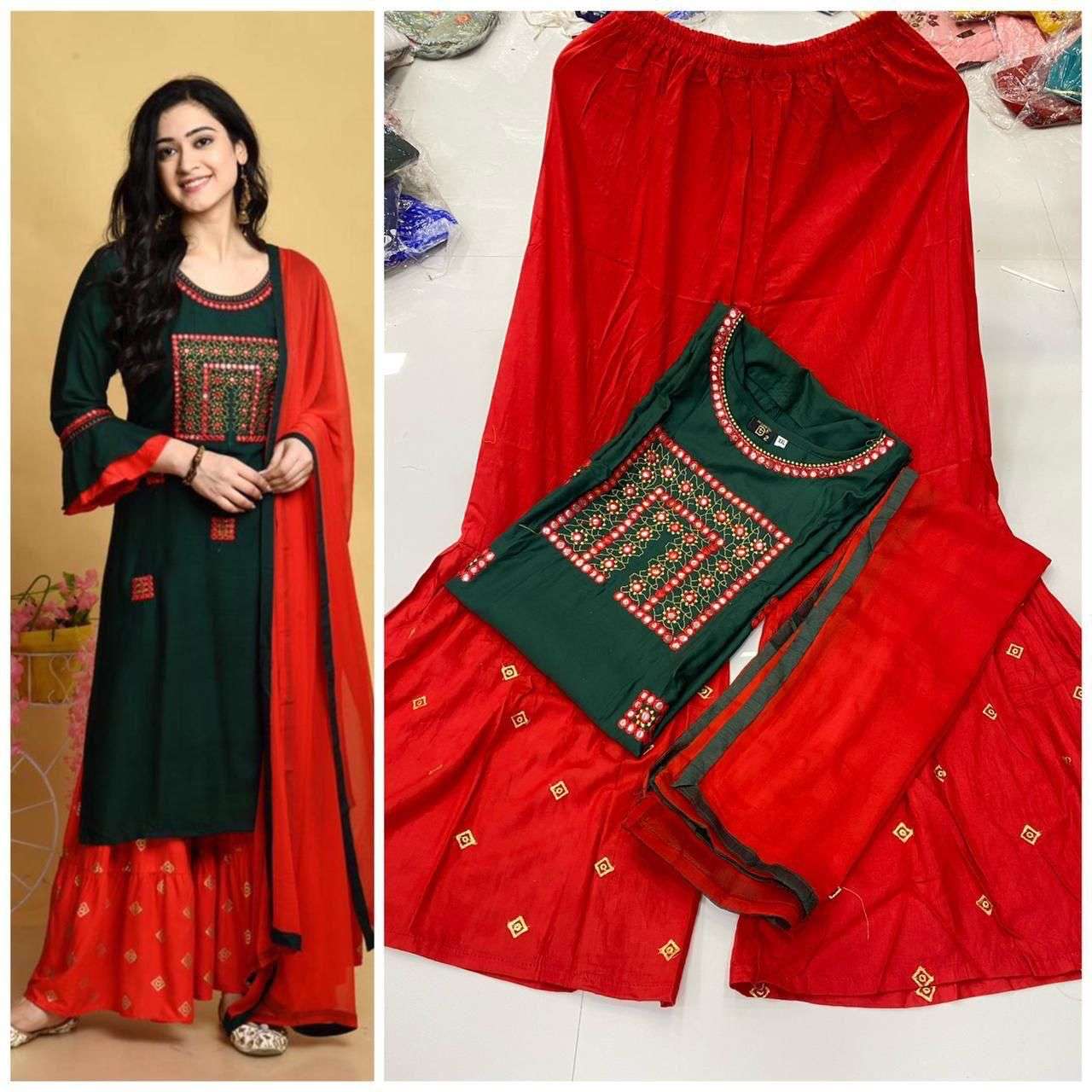 SATRANGI BY ASLIWHOLESALE ORGANIC RAYON COTTON STITCHED SHARARA DRESSES