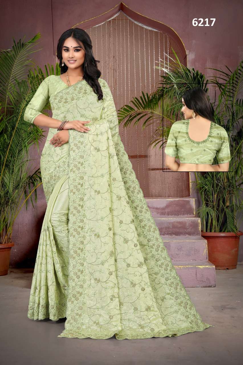 STR-6217 BY ASLIWHOLESALE HEAVY CHINON EMBROIDERY SAREES