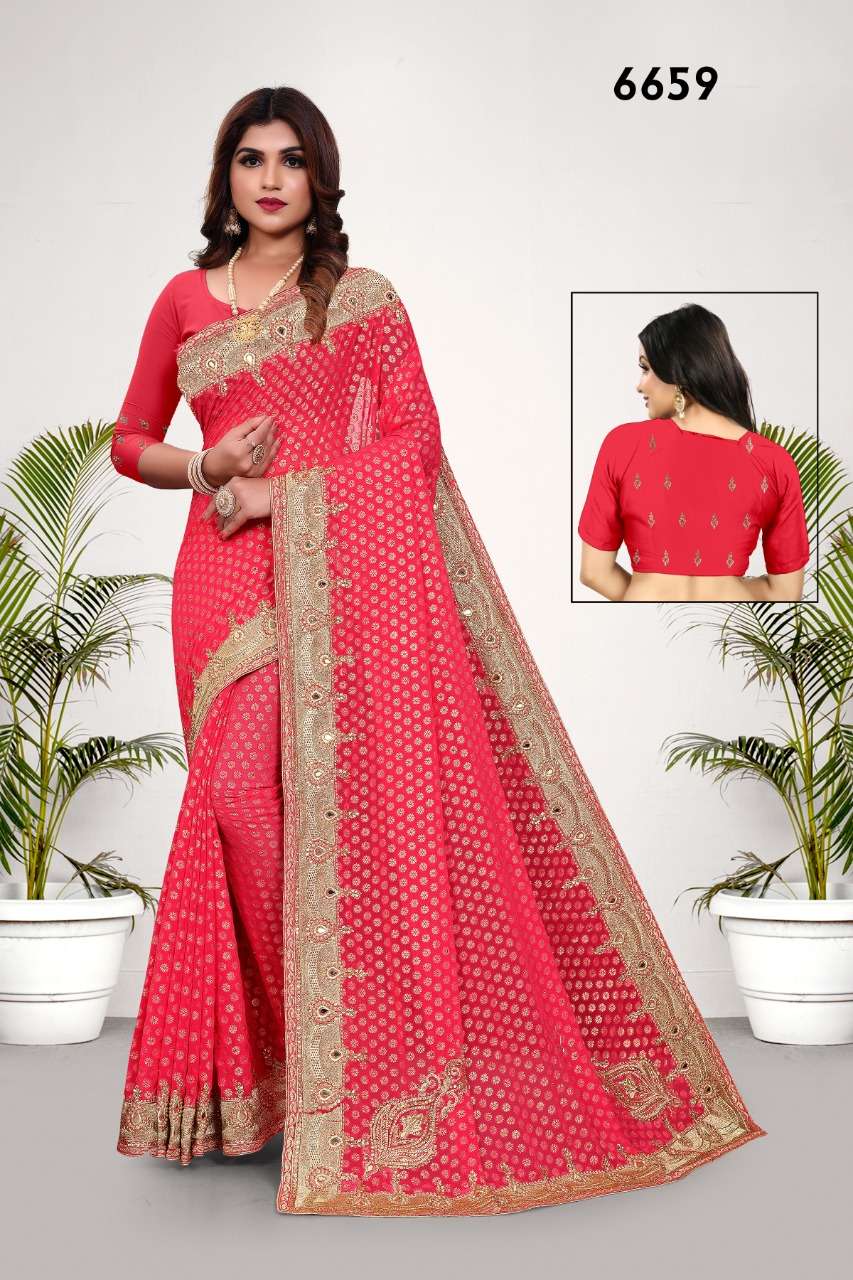 STR-6659 BY ASLIWHOLESALE HEAVY WORK VISCOSE BUTTI SAREES