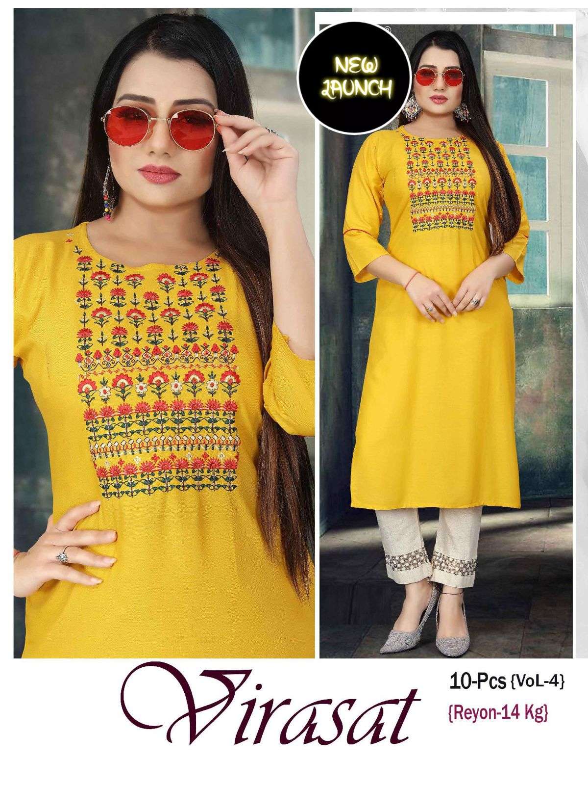 VIRASAT VOL-4 BY ASLIWHOLESALE DESIGNER RAYON EMBROIDERY KURTIS