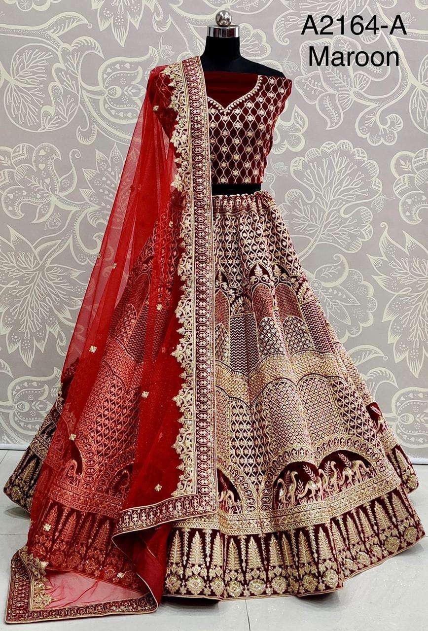 A-2164 BY ASLIWHOLESALE DESIGNER VELVET EMBROIDERY BRIDAL LEHENGAS