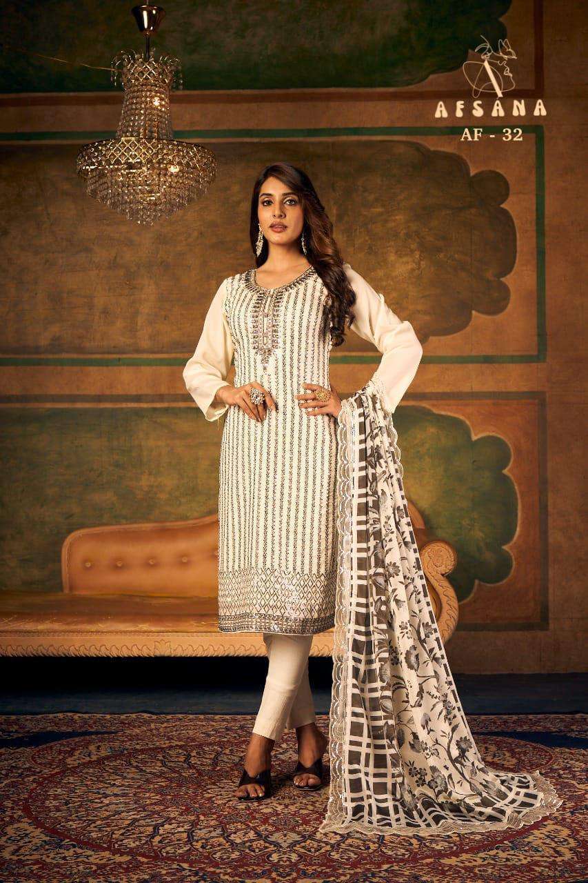 AFSANA 32 WHITE BY ASLIWHOLESALE CHINON EMBROIDERY STITCHED DRESSES