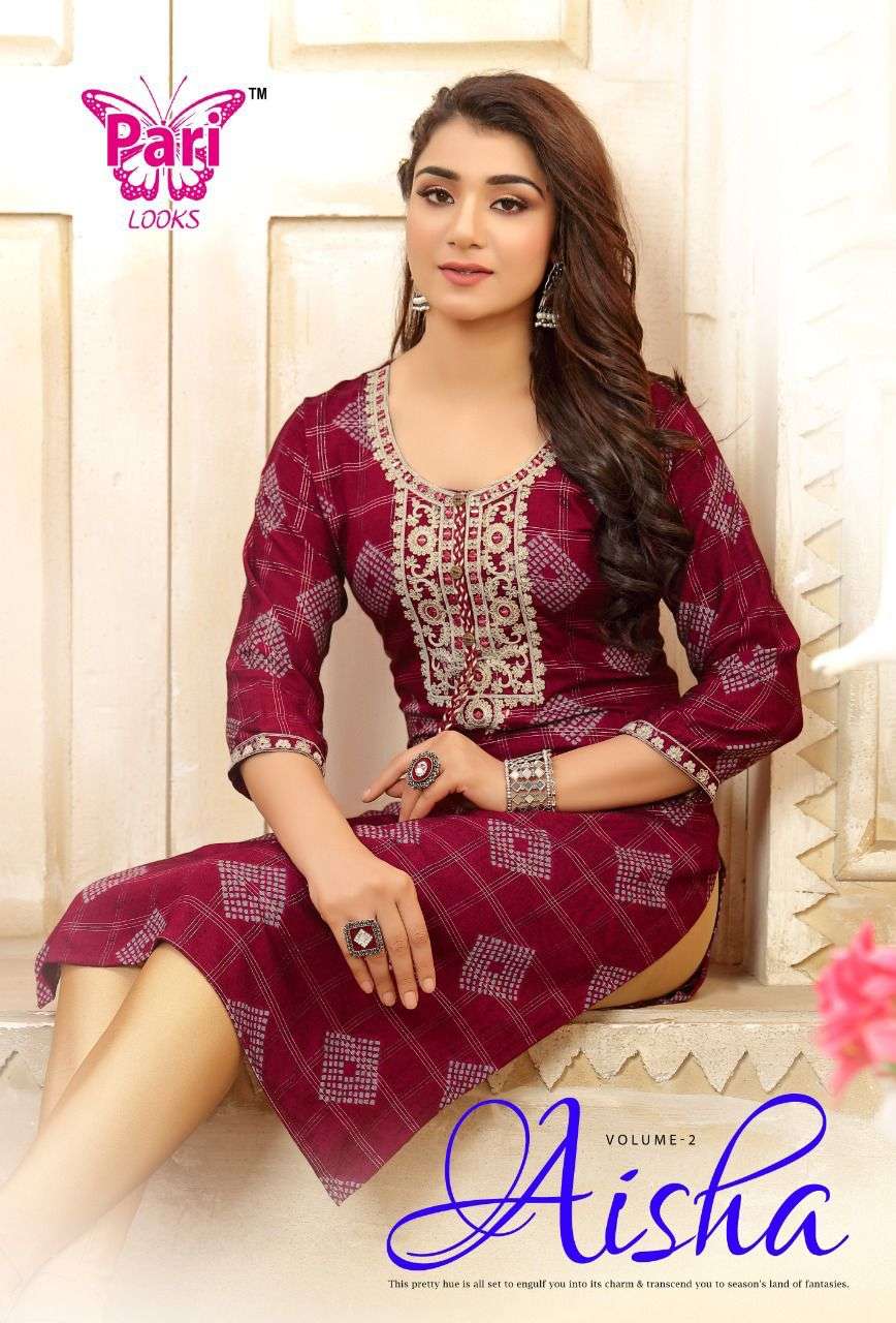 AISHA VOL-2 BY PARI LOOKS 201 TO 208 SERIES RAYON PRINT KURTIS