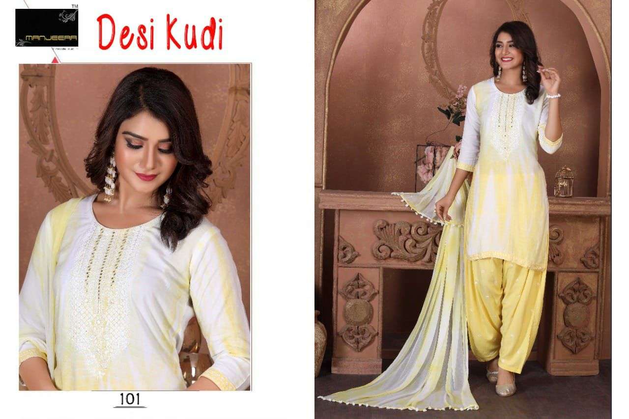 DESI KUDI BY MANJEERA 101 TO 108 SERIES RAYON SHIBORI WORK STITCHED DRESSES