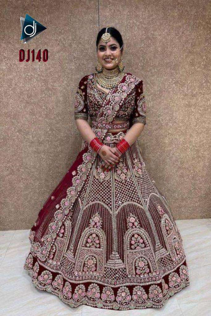 DJ-140 BY ASLIWHOLESALE VELVET ZARI EMBROIDERY BRIDAL LEHENGAS