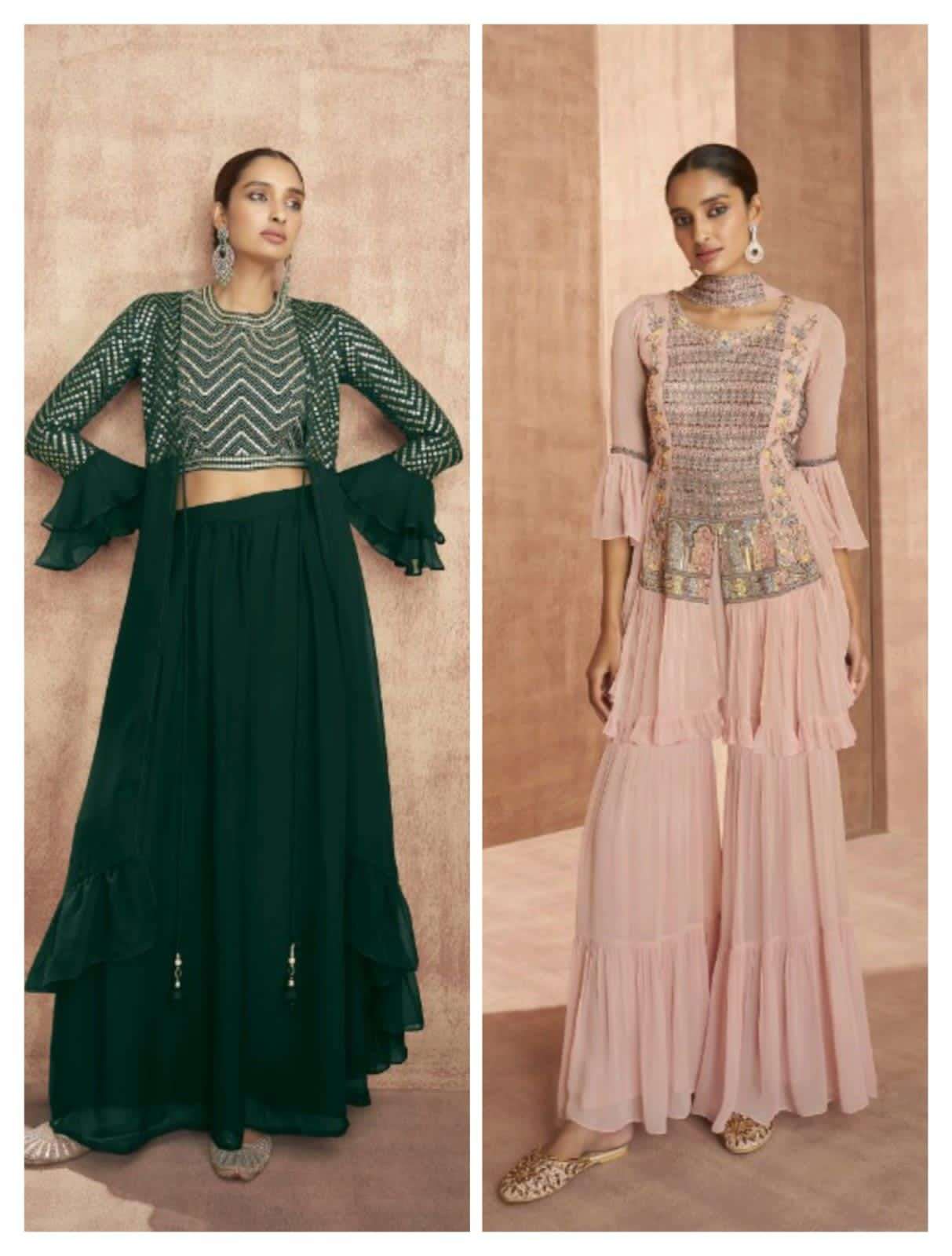 EMPRESS HITS BY SAYURI CHINON DOLA SILK STITCHED TOP SHARARA DRESSES